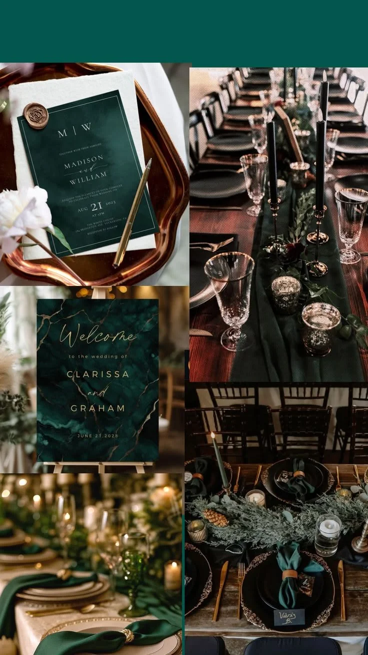 Emerald green and gold wedding decor