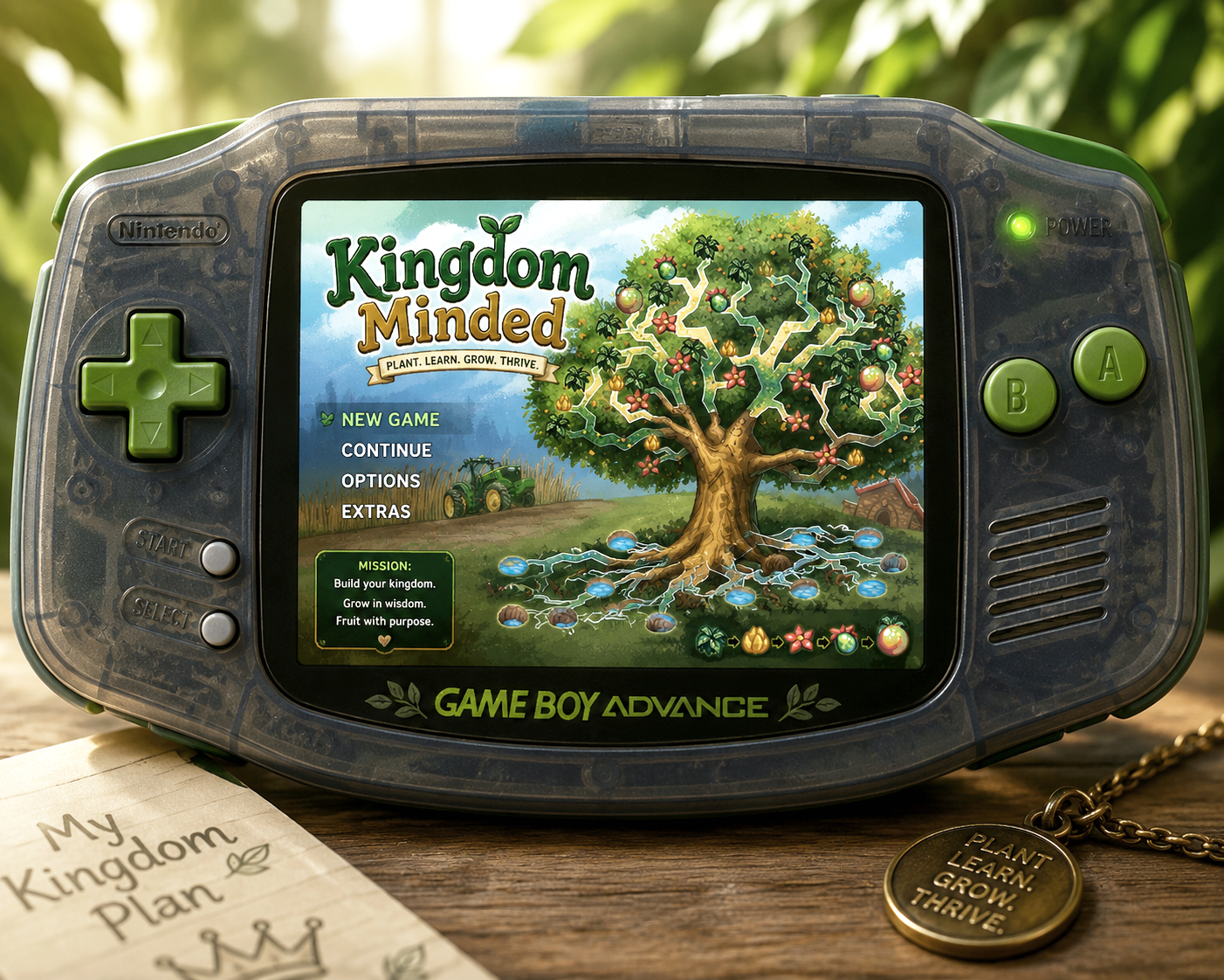 A Nintendo Game Boy Advance displaying the game 'Kingdom Minded' with a tree illustration, options menu, and a mission statement, placed on a wooden surface near a plant, with a small notebook and a keychain with a coin that has a message.