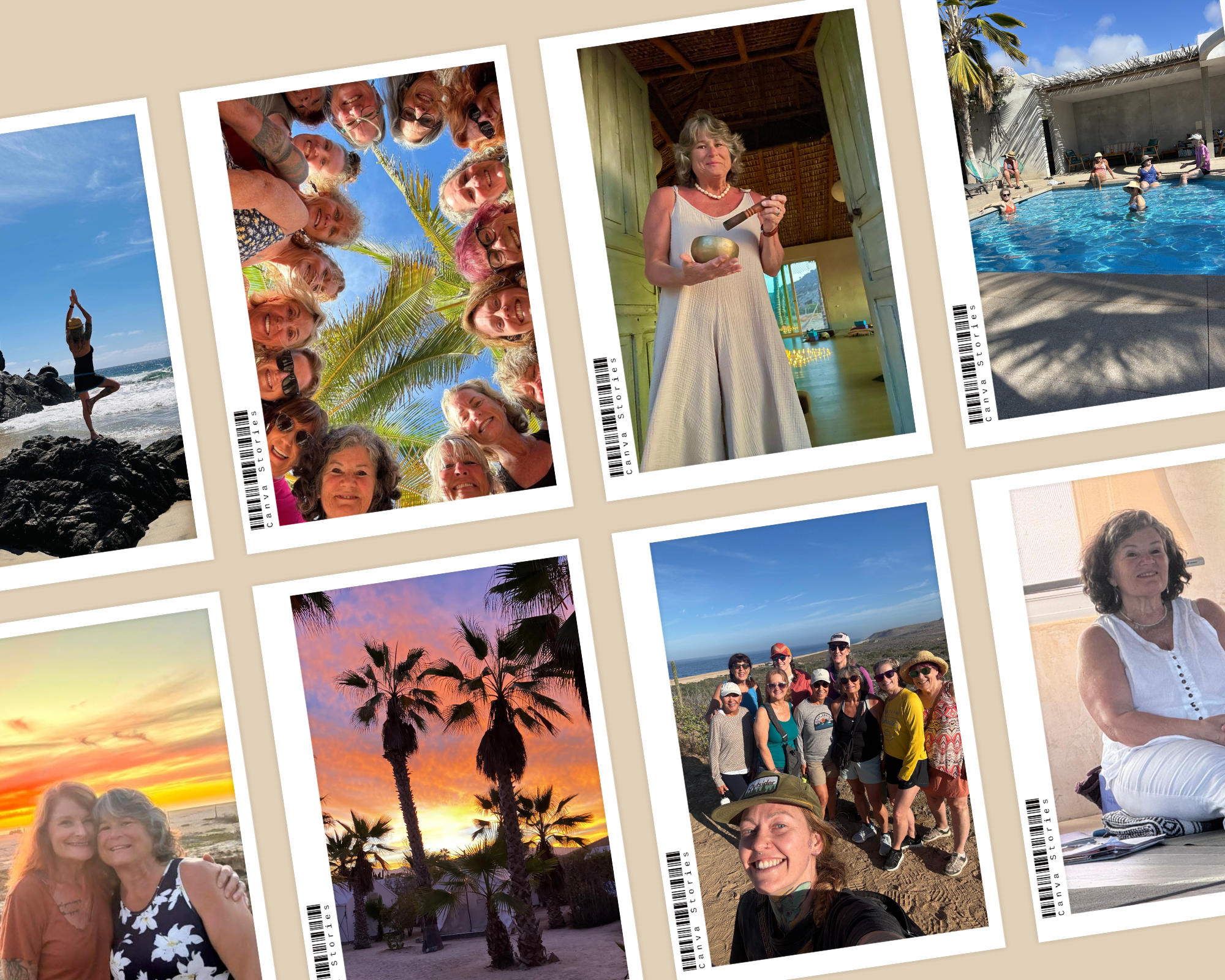 Collage of travel and vacation photos including group of women in tropical setting, woman at the beach doing yoga, woman holding a musical instrument inside a hut, people swimming in a pool, sunset with palm trees, and group of women on a road trip.