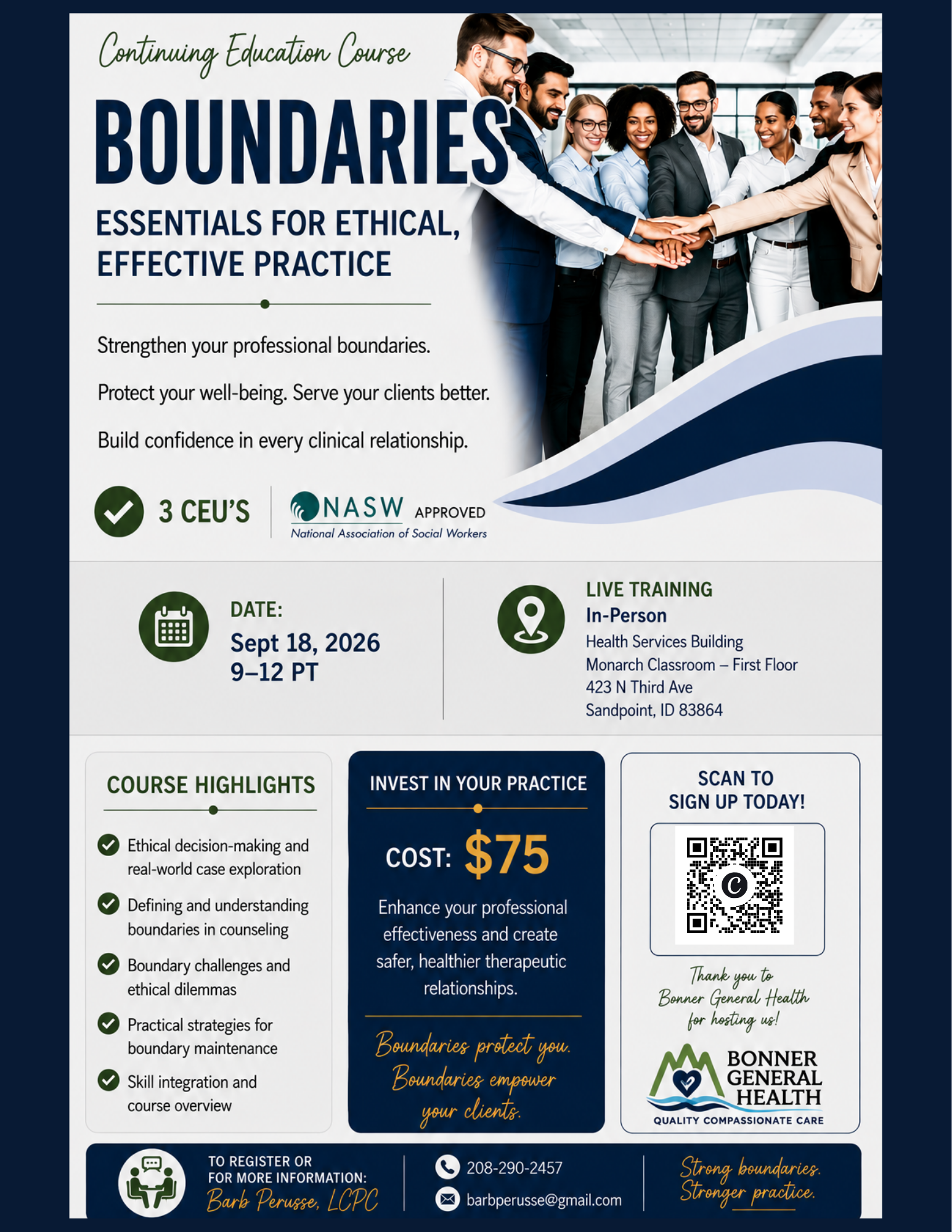 Poster for continuing education course on boundaries, showing a diverse group of professionals joining hands. The poster includes details about the course, such as date, location, cost, and registration contact information. The course emphasizes ethical practice, professional boundaries, and client safety, endorsed by the National Association of Social Workers.