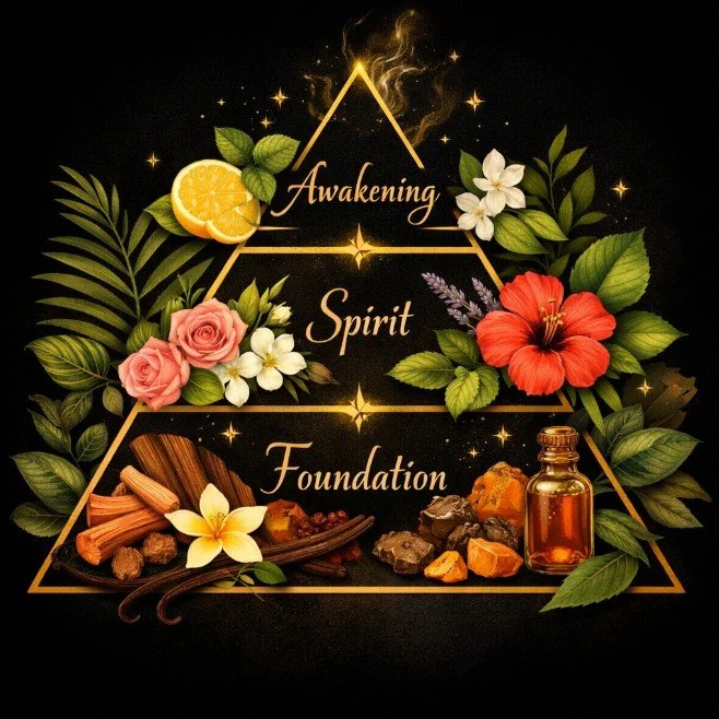 A triangle with three layers labeled 'Awakening,' 'Spirit,' and 'Foundation.' The top layer features lemon slices and mint leaves; the middle layer has pink roses, white flowers, and a red hibiscus; the bottom layer includes herbs, spices, gemstones, and a bottle of essential oil. Surrounding the triangle are green leaves and flowering plants, with a dark background and glowing stars.