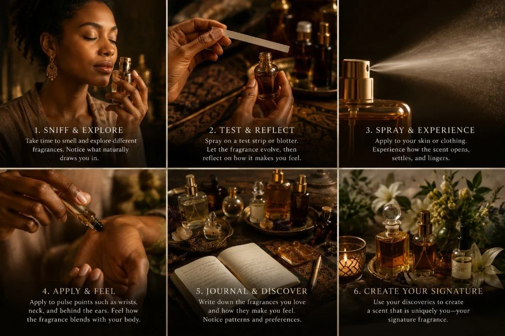 A woman smelling a perfume bottle, hands testing a fragrance on her wrist, bottles of perfume, a journal and writing supplies on a table, and perfume bottles with flowers and candles arranged for creating a signature scent.
