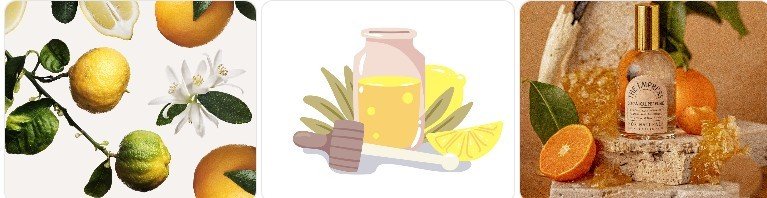 A collage of citrus-themed images: lemons and limes on a tree, honey jar with honey dipper and lemon slices, and a bottle of perfume with citrus fruits and rocks.