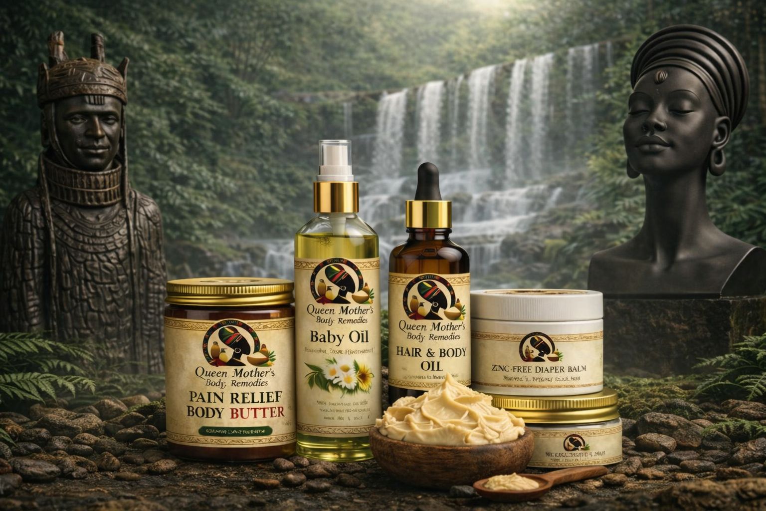 A collection of Queen Mother’s Body Remedies skincare products, including pain relief body butter, baby oil, hair and body oil, zinc-free diaper balm, and body cream, arranged on a rocky surface with a background of lush greenery, waterfall, and black bust sculptures.