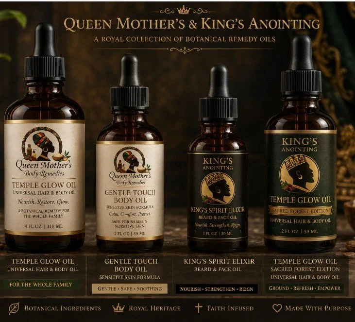 Display of four bottles of Queen Mother and King products, including glow oil, body oil, spirit elixir, and sacred forest edition glow oil, with a dark background and gold and black labels.