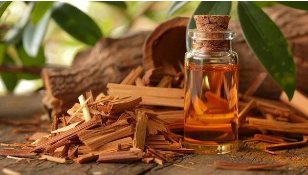 Essential oil bottle surrounded by wood shavings, logs, and green leaves.