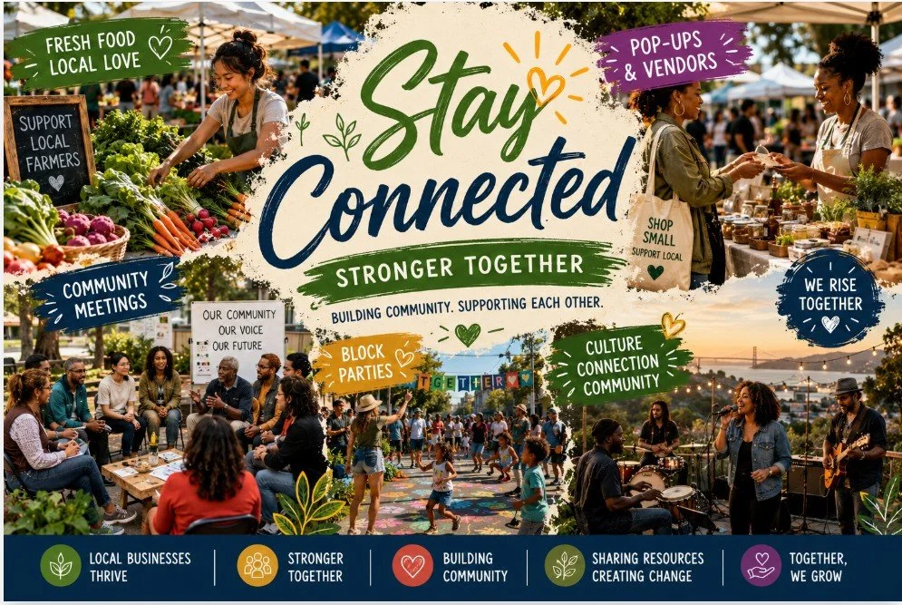 A community event promoting local food, vendor support, and neighborhood connection. Features markets, discussions, cultural activities, live music, and community gathering spots.