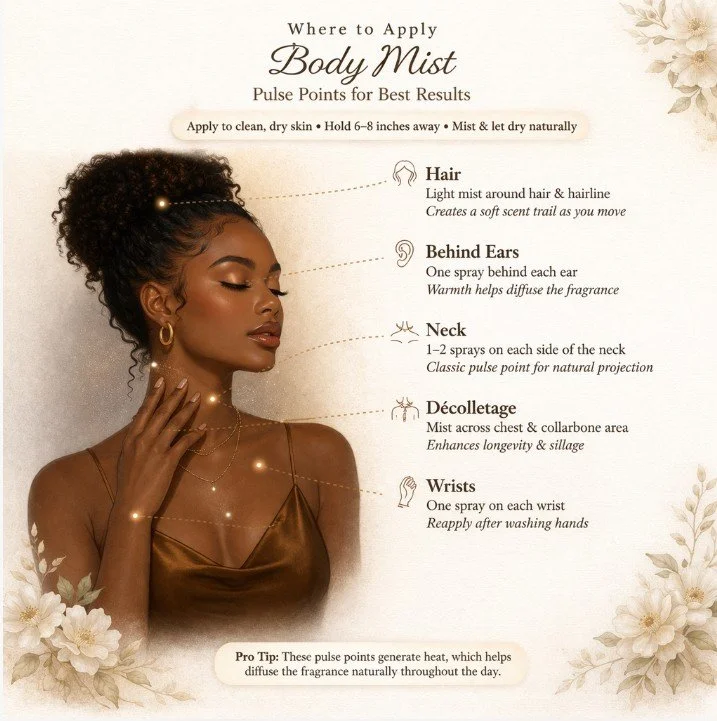 Instructions for applying body mist, including spray points for hair, behind ears, neck, décolletage, and wrists, with tips for best results.