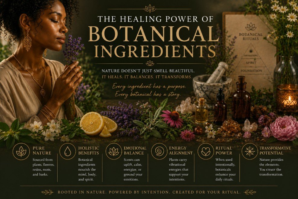 A woman with curly hair holding a lavender flower near her face, surrounded by various botanical ingredients, essential oils, and healing symbols, with text describing the healing power of botanical ingredients and their emotional, energetic, and ritual benefits.