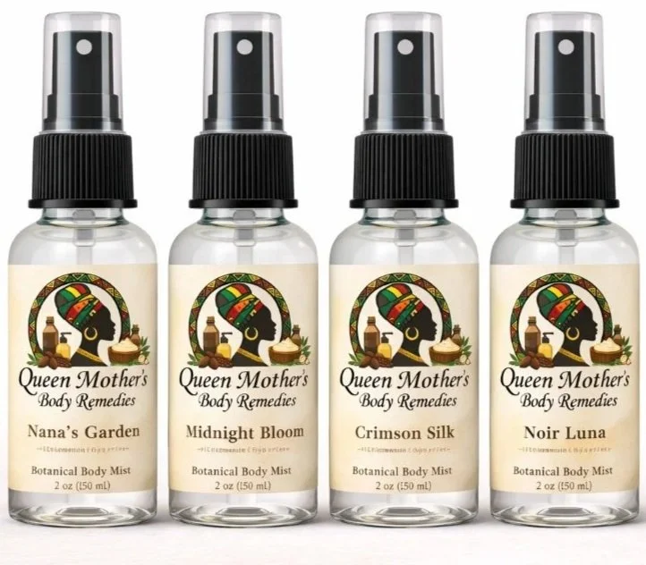 Four bottles of Queen Mother's Body Remedies Botanical Body Mist with different scents: Nana's Garden, Midnight Bloom, Crimson Silk, and Noir Luna.