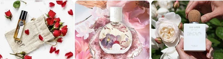 Triptych depicting a perfume bottle with flowers, a hand holding a soap bar with a flower on top, and scattered rose petals and a small perfume spray.