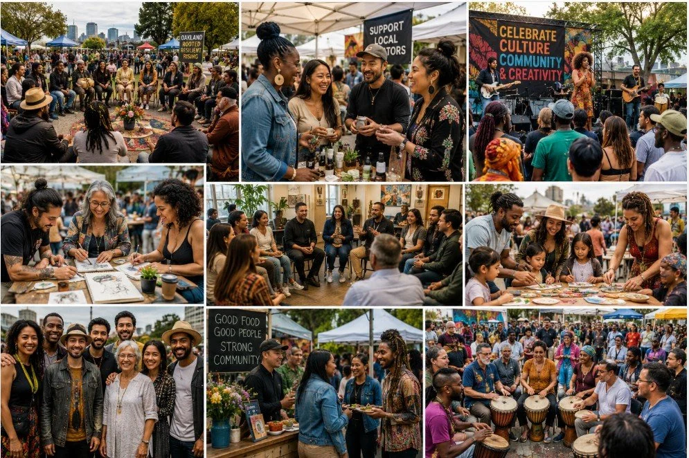 Collage of diverse groups of people participating in outdoor community events, including cultural celebrations, art activities, food markets, live music performances, and social gatherings in a park or festival setting.