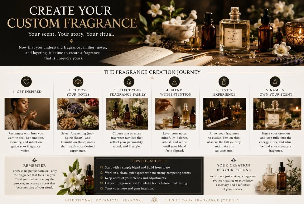 A detailed infographic titled "Create Your Custom Fragrance" explaining the fragrance creation journey, with sections for inspiration, notes selection, fragrance family, blending, testing, and naming. The image shows bottles and ingredients on a table, with floral elements and a notebook.