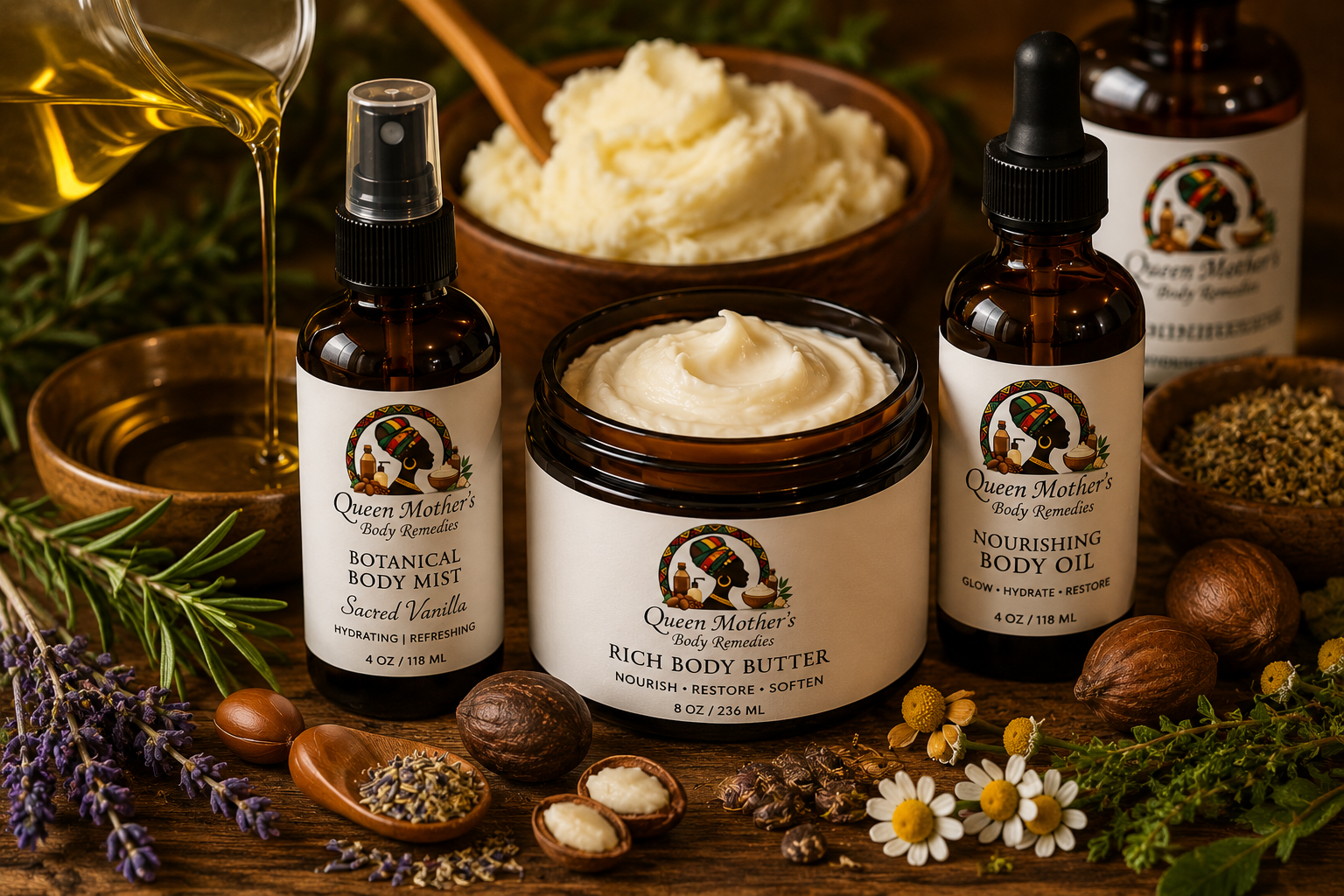 Assorted natural skincare products including nourishing body oil, rich body butter, and botanical body mist on a wooden surface. Surrounding items include herbs, flowers, nuts, and oils, with some products being poured or open.
