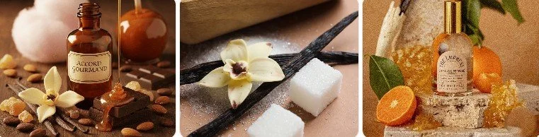 Collage of three beauty and wellness products: a brown bottle of essential oil with coffee beans and flowers, vanilla beans, sugar cubes and vanilla flowers, and a bottle of perfume with orange slices and honeycomb.