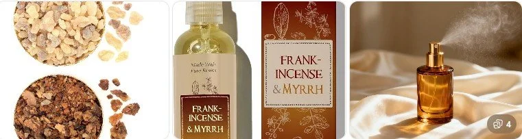 Collection of frankincense and myrrh products, including small bowls of resin, a bottle of essential oil, packaging, and a spray bottle emitting mist.