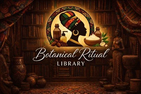 Illustration of a woman with African heritage, wearing a colorful headwrap, surrounded by botanical items and traditional artifacts, with the text 'Botanical Ritual Library' in front of a library background.