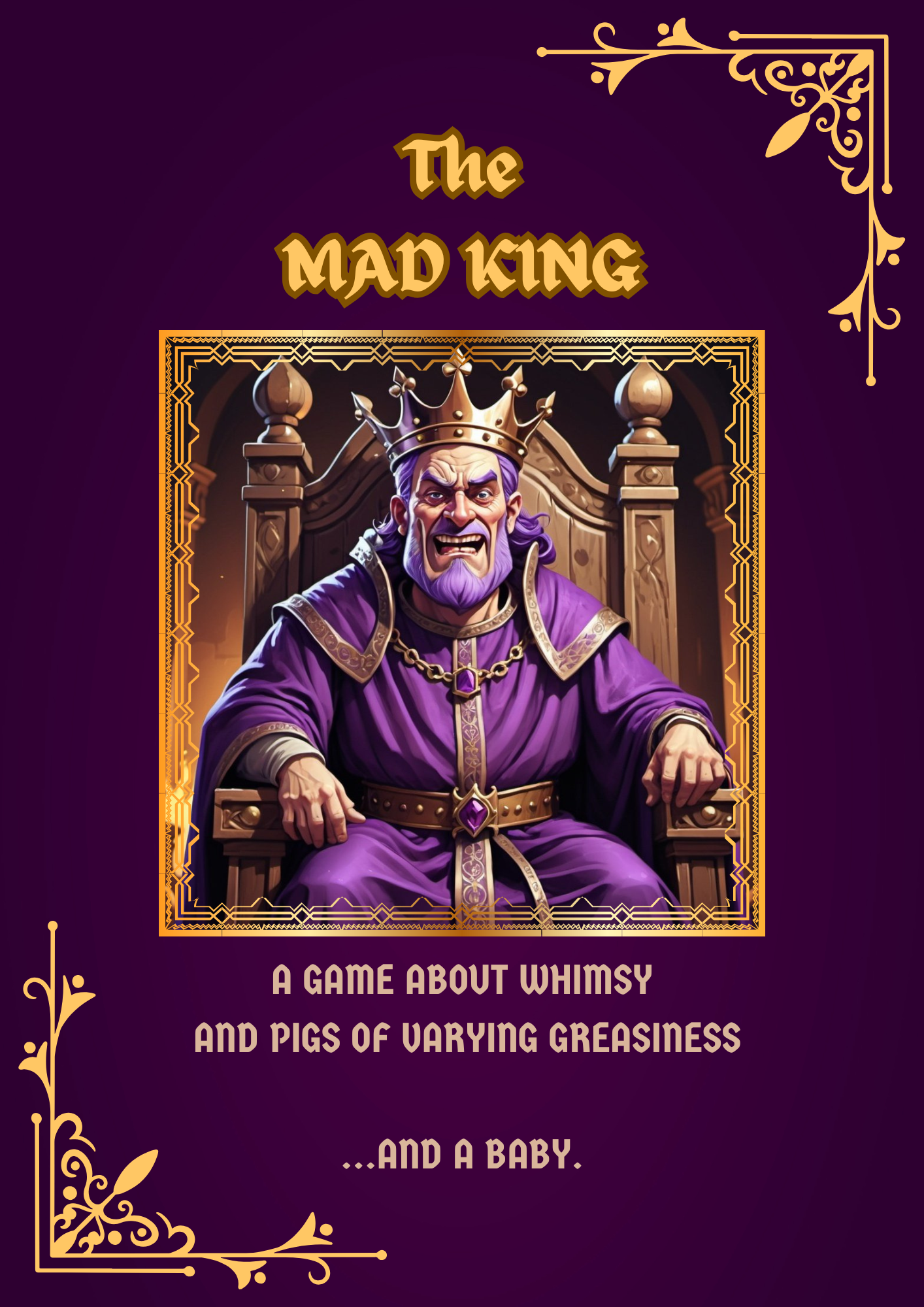Cover art for a card game title "The Mad King." A fast-paced card game for friends and family.
