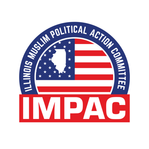 Logo of the Illinois Muslim Political Action Committee (IMPAC) with an American flag design and the state of Illinois in a white silhouette.