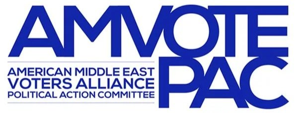 Logo of the American Middle East Voters Alliance Political Action Committee, featuring bold blue text.