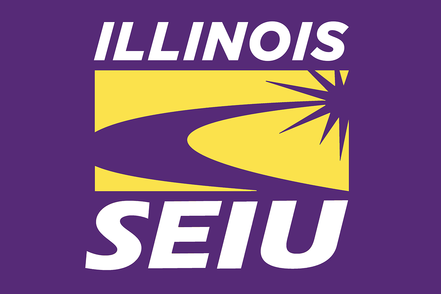 Illinois SEIU logo with purple background, yellow rectangle, stylized sweeping arc, and starburst design