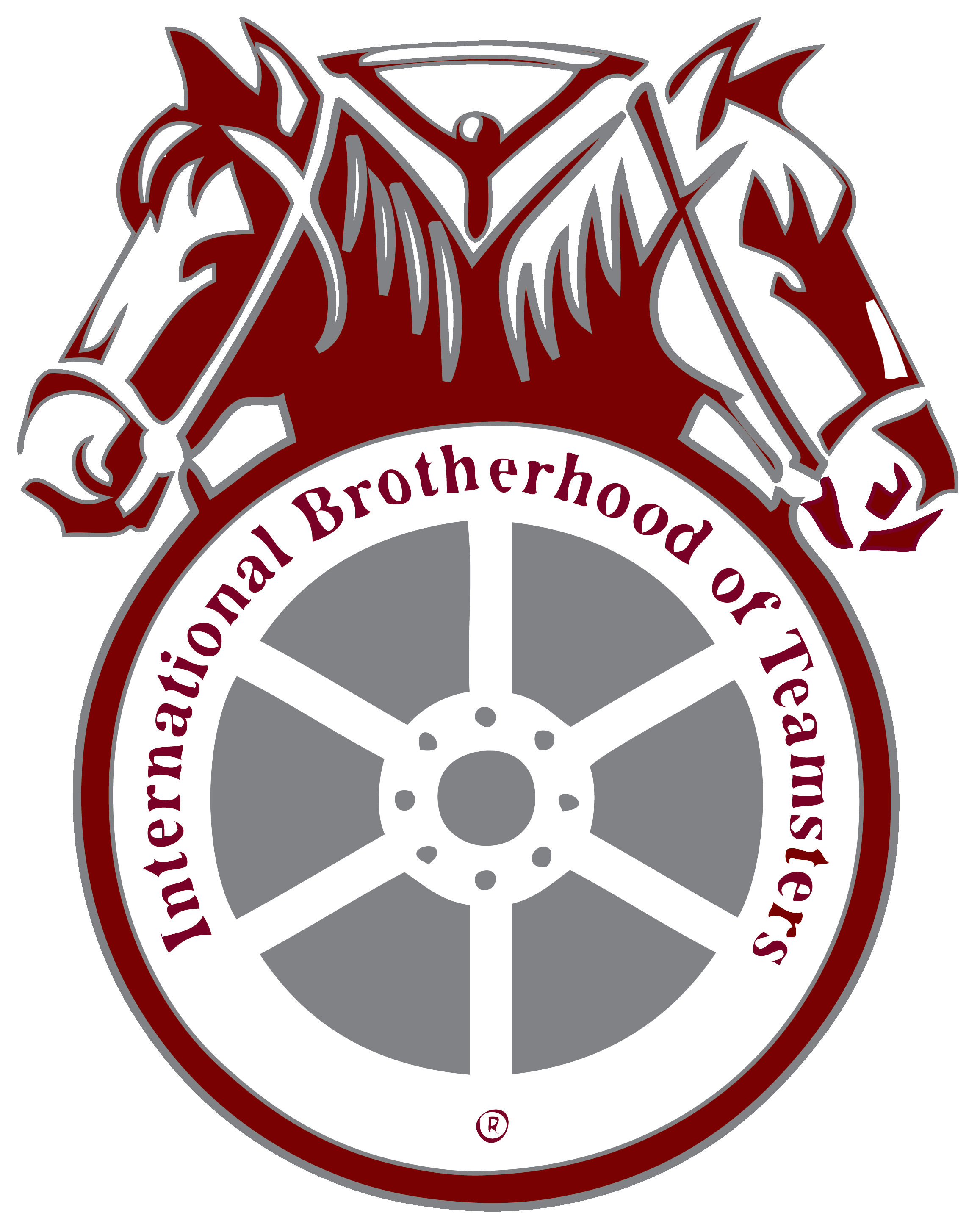 A logo for the International Brotherhood of Teamsters featuring a stylized red horse above a gray wagon wheel with red text around it.