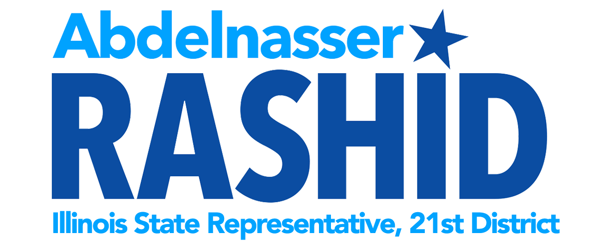 Campaign sign for Abdelnasser Rashid, Illinois State Representative, 21st District, with blue and black text and a blue star.