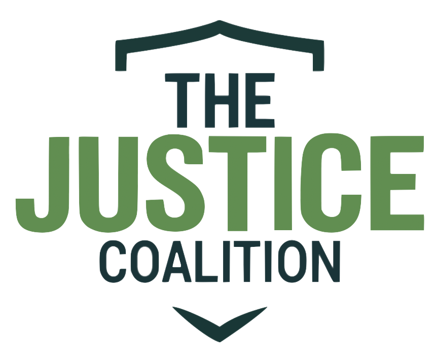 Logo for The Justice Coalition with a shield and an arrow pointing downward.