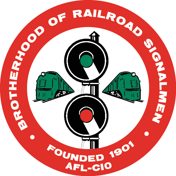 Logo of the Brotherhood of Railroad Signalmen featuring a red circular border with white text, two green trains, and three railroad signals in the center, indicating the organization's founding year 1901 and affiliation AFL-CIO.
