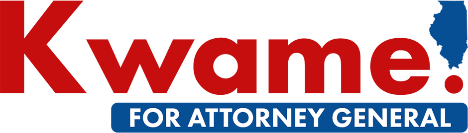 Political campaign logo with the name 'Kwame' in large red letters, followed by a blue rectangular banner that says 'FOR ATTORNEY GENERAL' in white text, with a silhouette of the state of Michigan in blue at the top right.