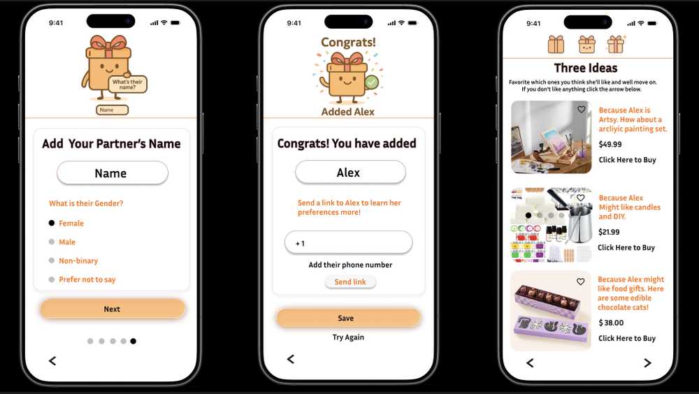 Three wireframe screens: add your partner's name, confirmation that the recipient was added, and three gift ideas with prices.