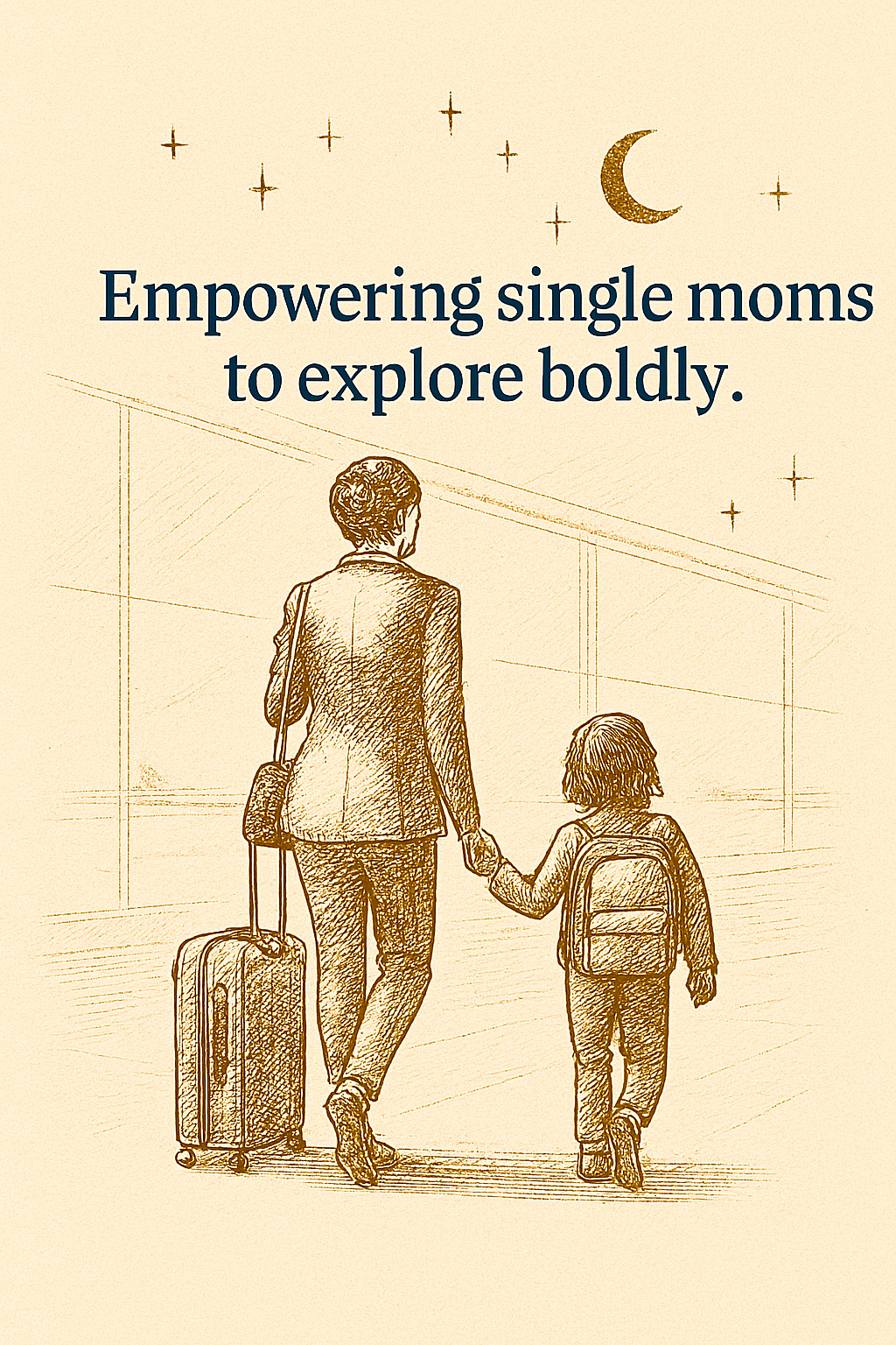 Illustration of a single mom and her child walking hand in hand through an airport, with the mother pulling a suitcase and the child carrying a backpack. The background features a night sky with a crescent moon and stars. Text overlay reads, "Empowering single moms to explore boldly."