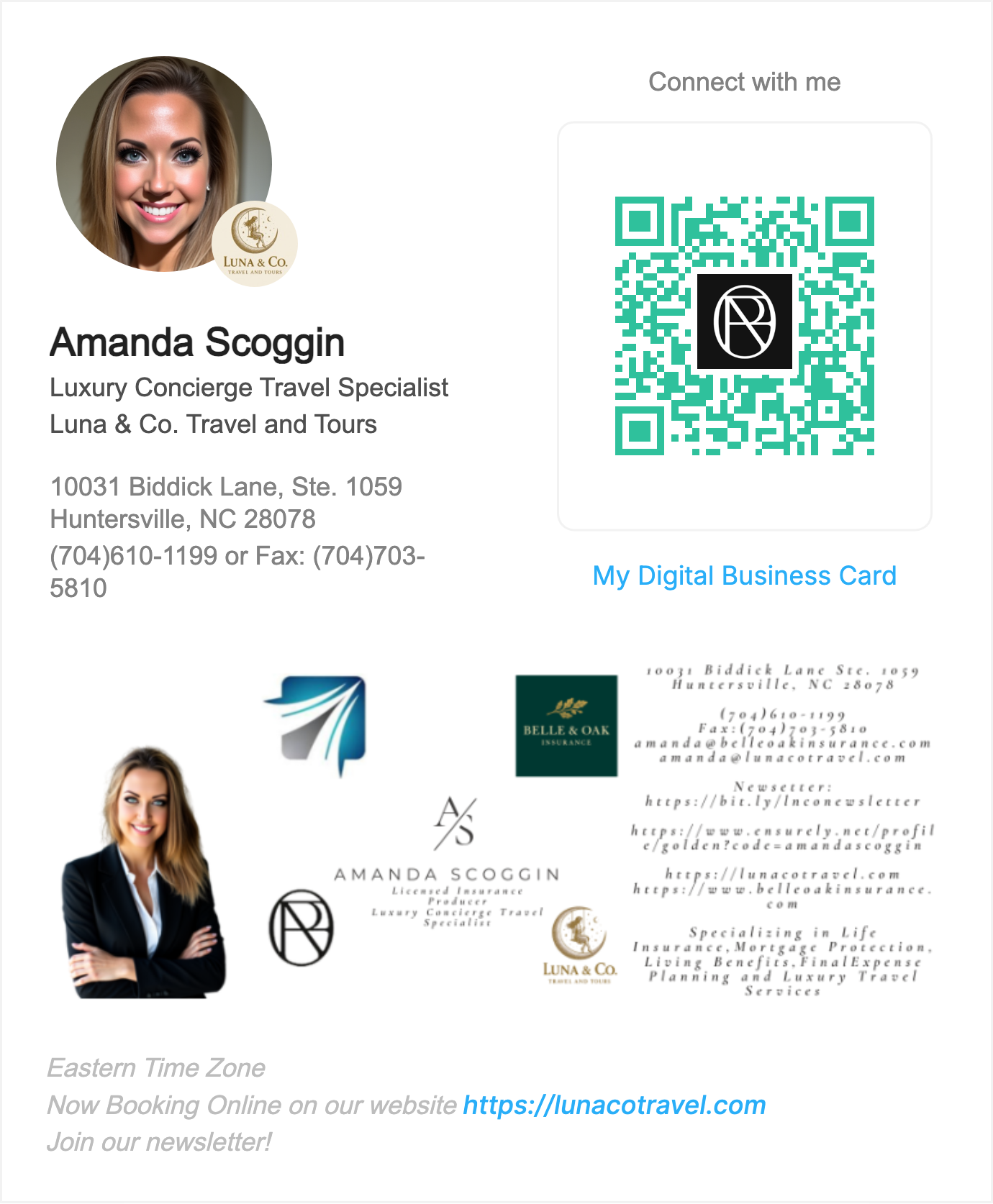 Business card for Amanda Scoggin, a luxury concierge travel specialist, featuring her photo, contact information, company logos, and a QR code for digital contact exchange.