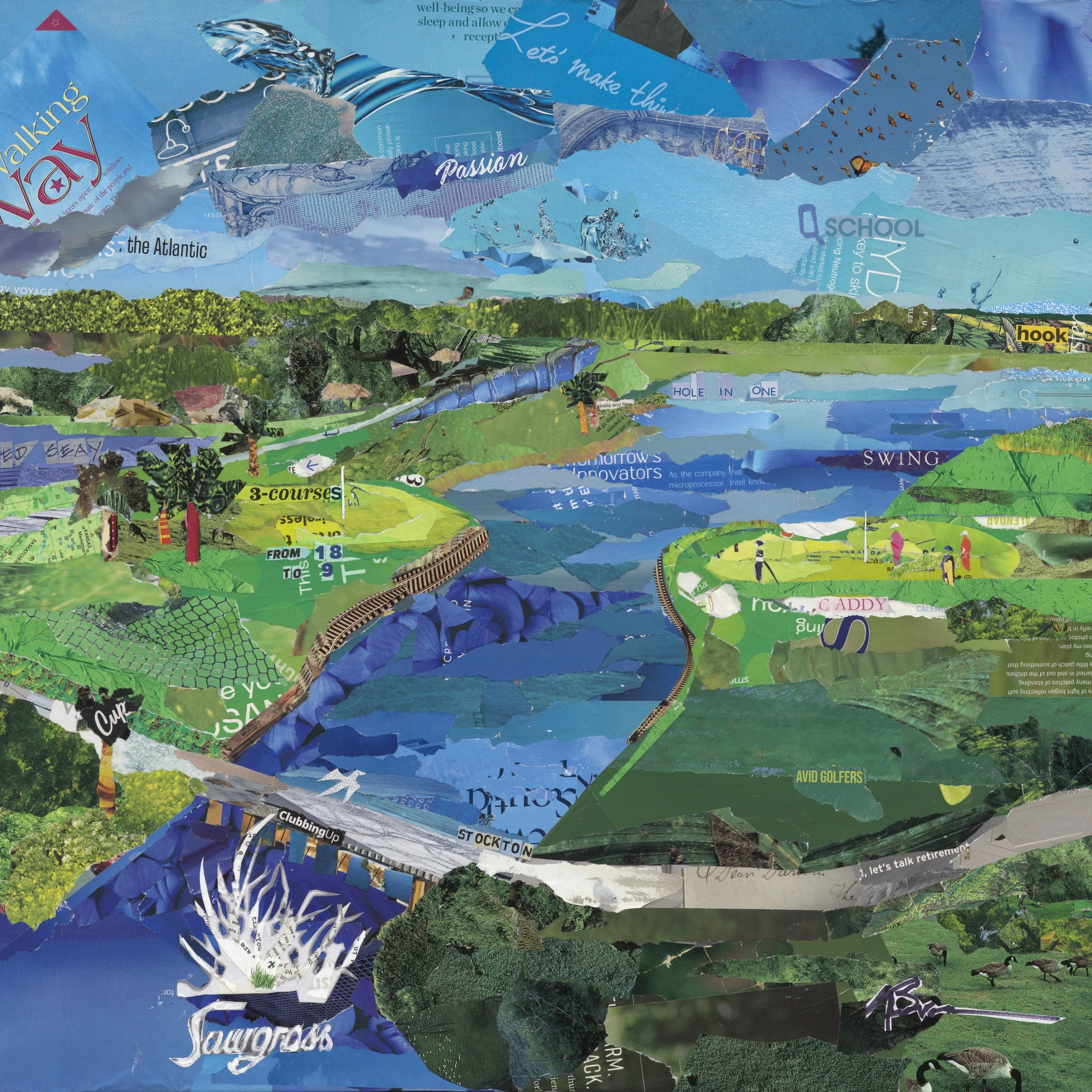 "Sawgrass CC From 18 to 9", mixed media collage, 24 x 24 inches // soon to be on display at Sawgrass Country Club in Ponte Vedra Beach, Florida