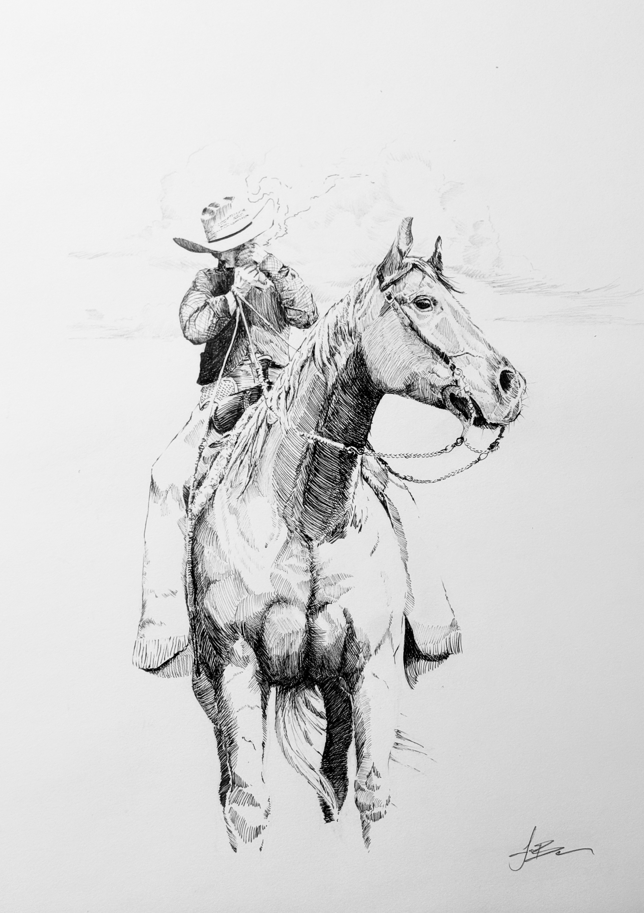 A detailed black and white sketch of a cowboy riding a horse, wearing a cowboy hat and smoking a cigarette.
