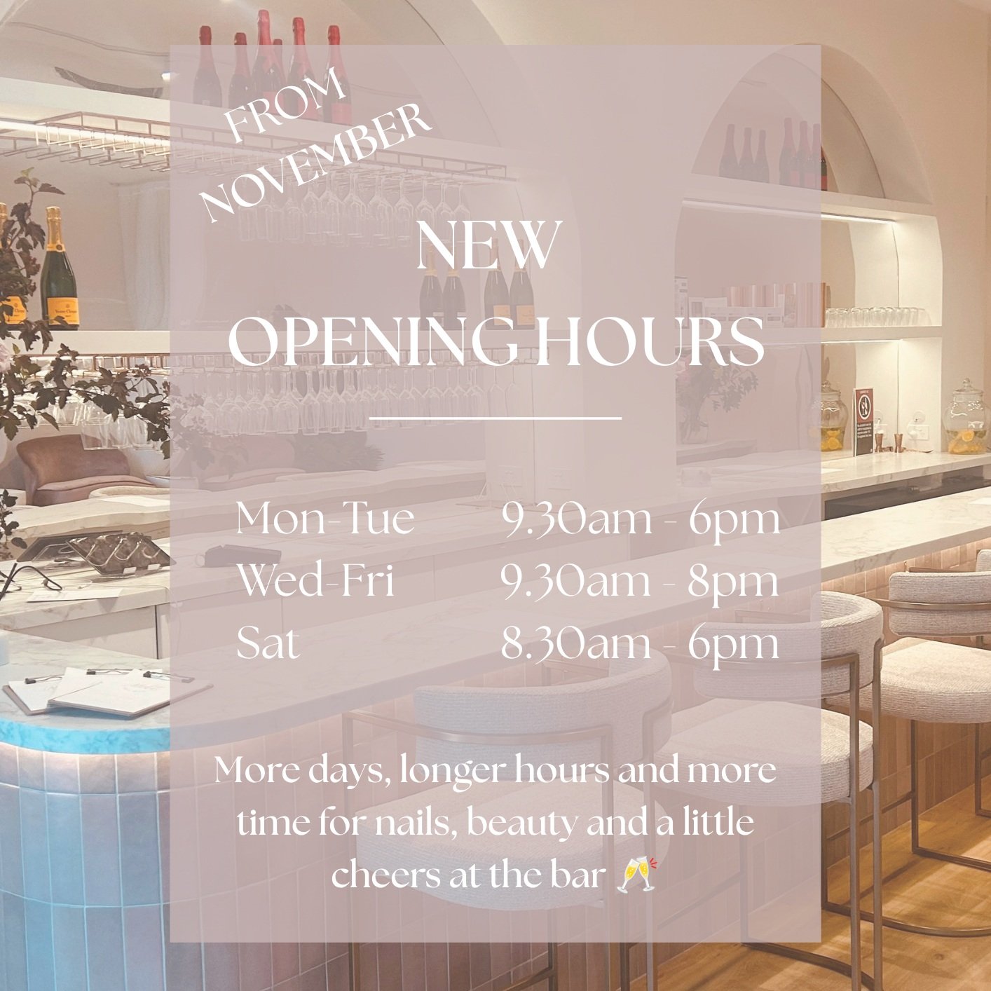 More days, longer hours, more time to Melt away ✨🥂
Spots are now open. Book now &amp; secure your preferred appointment time.