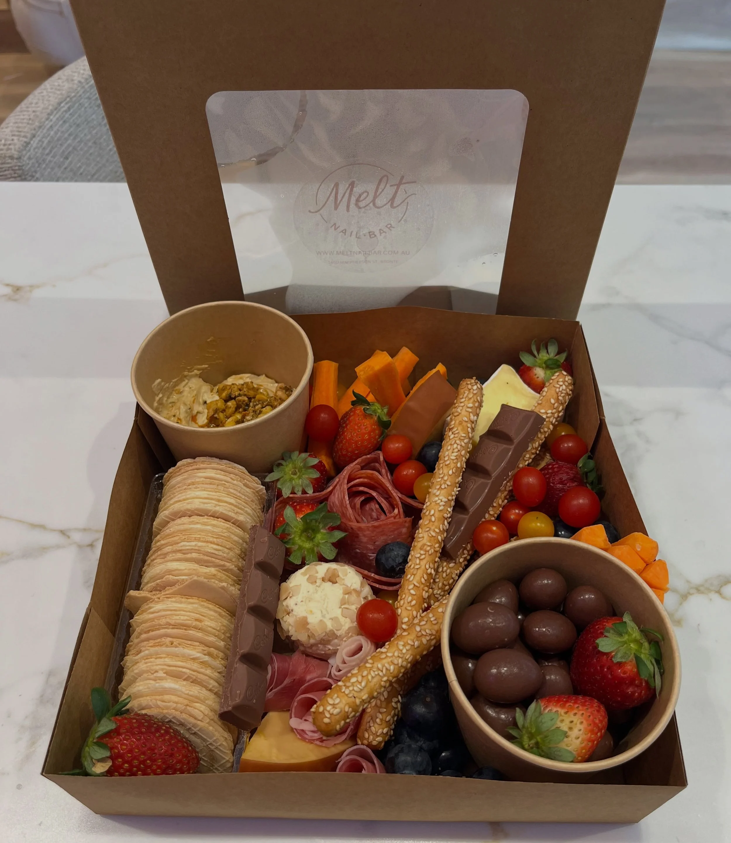 Available for pre order at Melt our delish grazing boxes. The perfect addition to your next catch up over champagne and nails at Melt Nail Bar. 🥨🥂

#meltnailbar #grazingboard #brontenails #winebarsydney