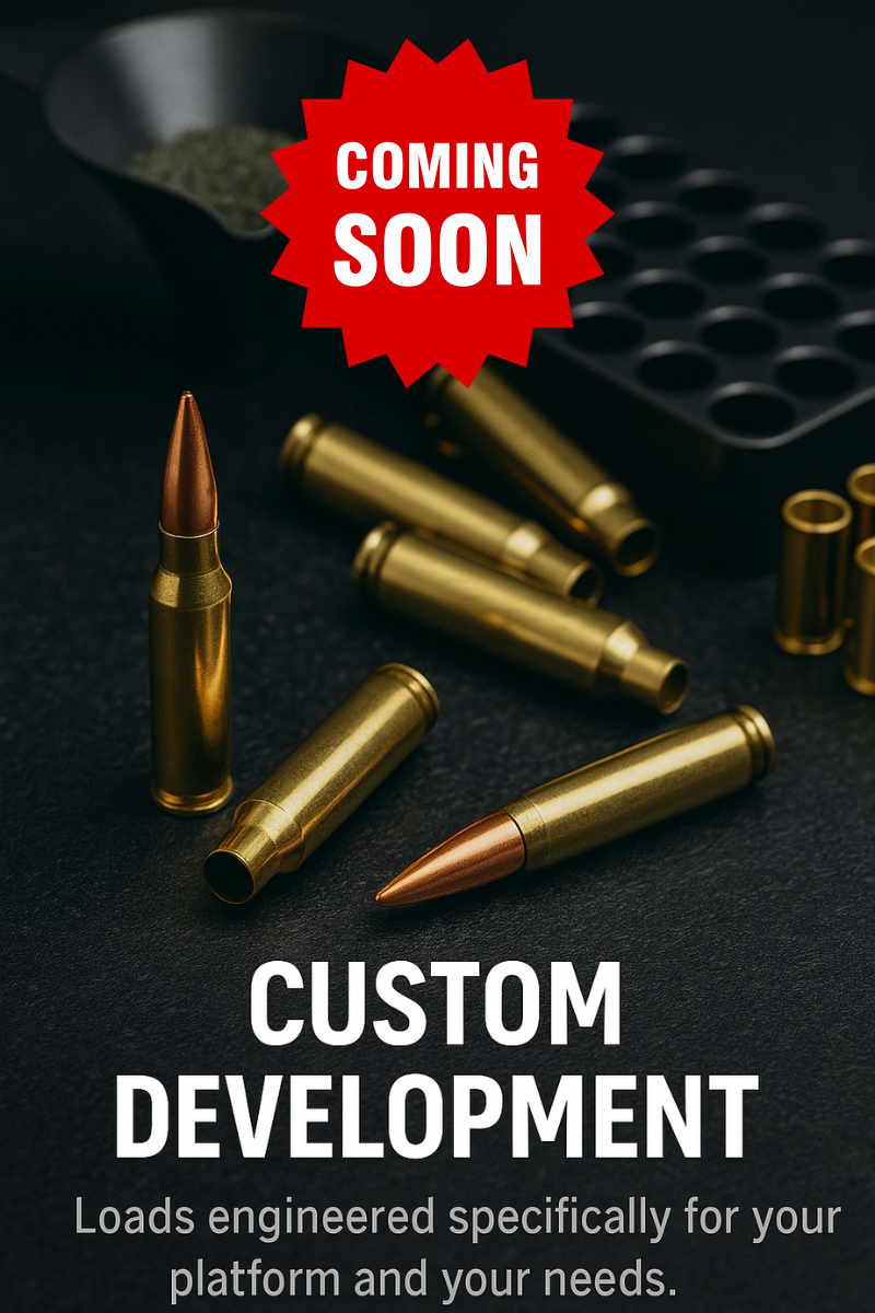 Close-up of bullets and a tray of small parts with a red "Coming Soon" badge, promoting custom development services.