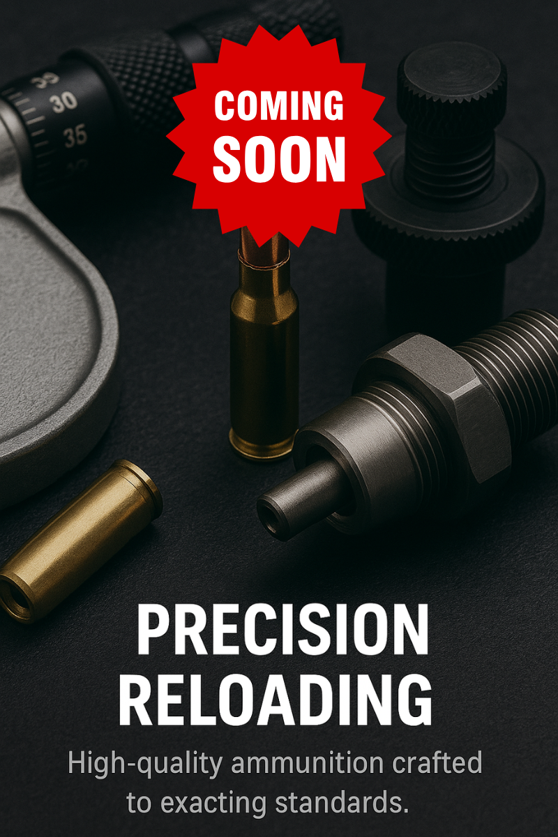 A promotional graphic for ammunition reloading equipment featuring shotgun shells and reloading tools, with a red starburst saying 'Coming Soon' and text indicating high-quality, precision reloading ammunition.