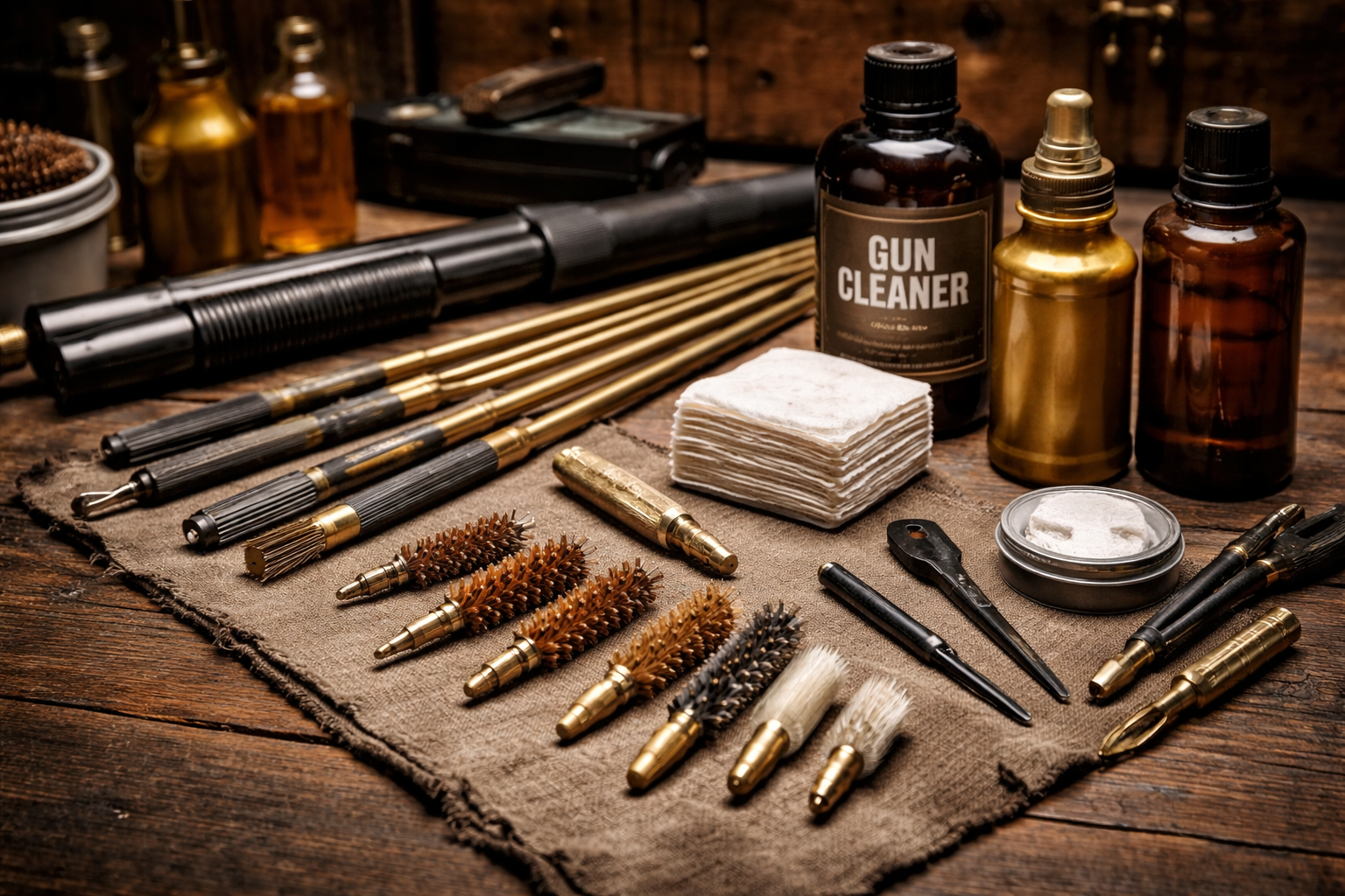 Gun cleaning supplies arranged on a cloth on a wooden surface, including brushes, oil bottles, cleaning cloths, rods, and a gun cleaner container.