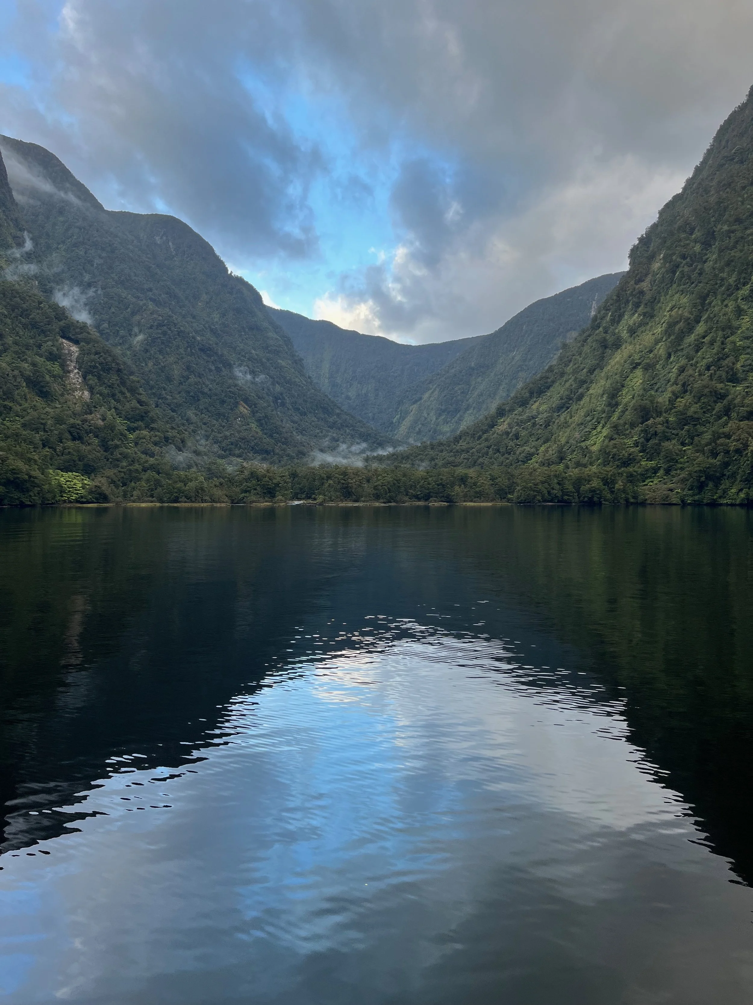 Stunning reflection of gentle, green mountains and a cloudy sky with patches of blue reflected in the mystical waters of Doubtful Sound, NZ.