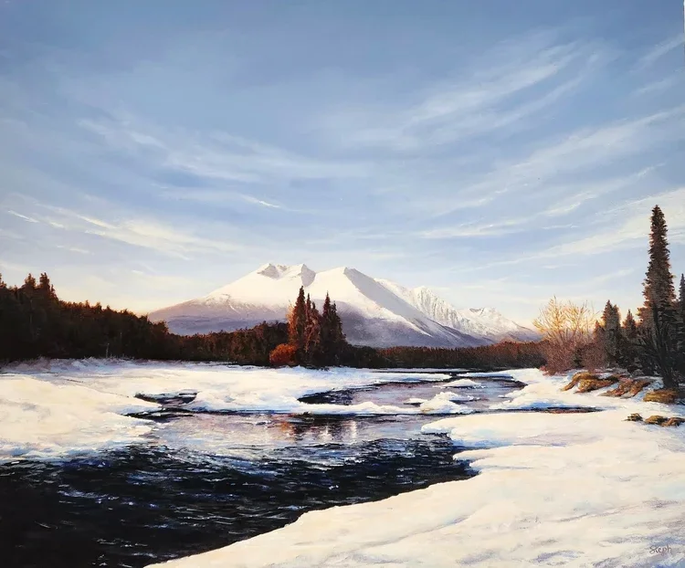Acrylic Painting of Hudson Bay Mountain from Telkwa, BC at Eddy Park by Stephanie Vanderpol