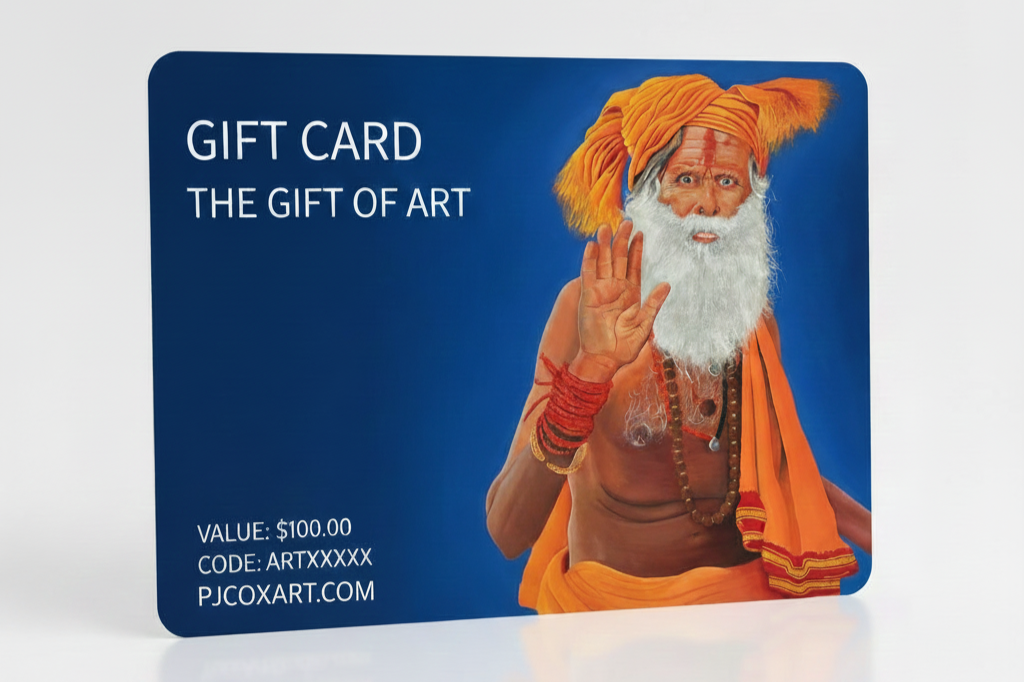 Gift card featuring a man dressed as a Hindu sage or guru, with orange robes, a turban, and a long white beard, raising his right hand.