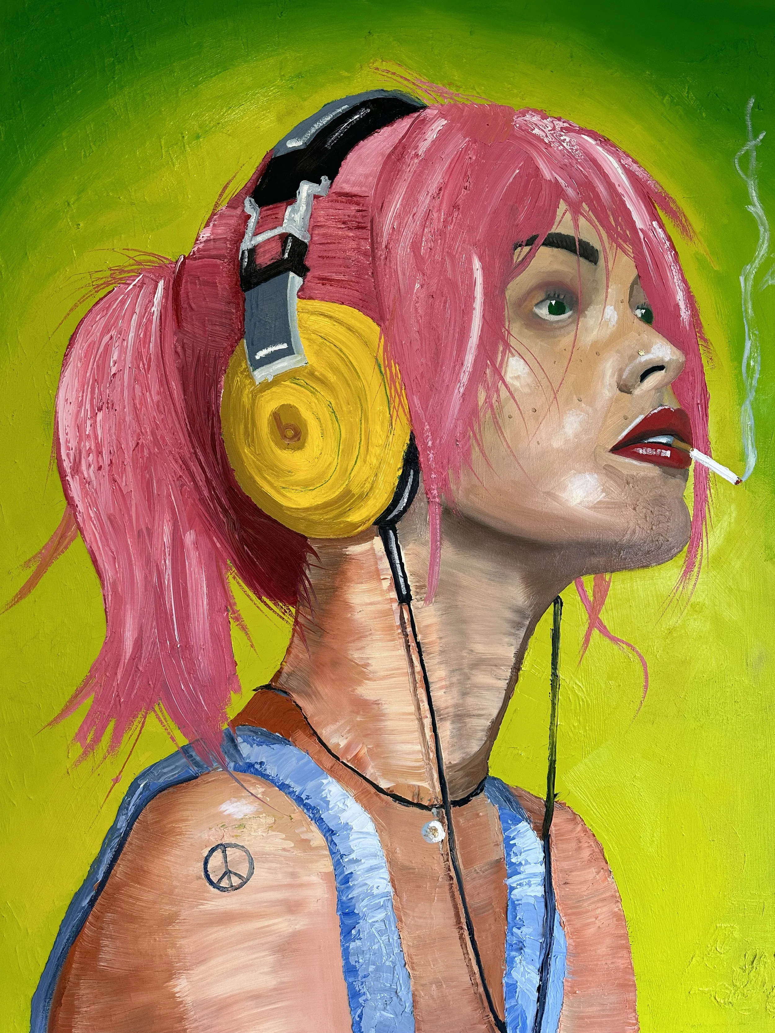 Painting of a woman with pink hair wearing large yellow headphones, a blue tank top, and a peace sign tattoo on her shoulder, smoking a cigarette, with a green background.