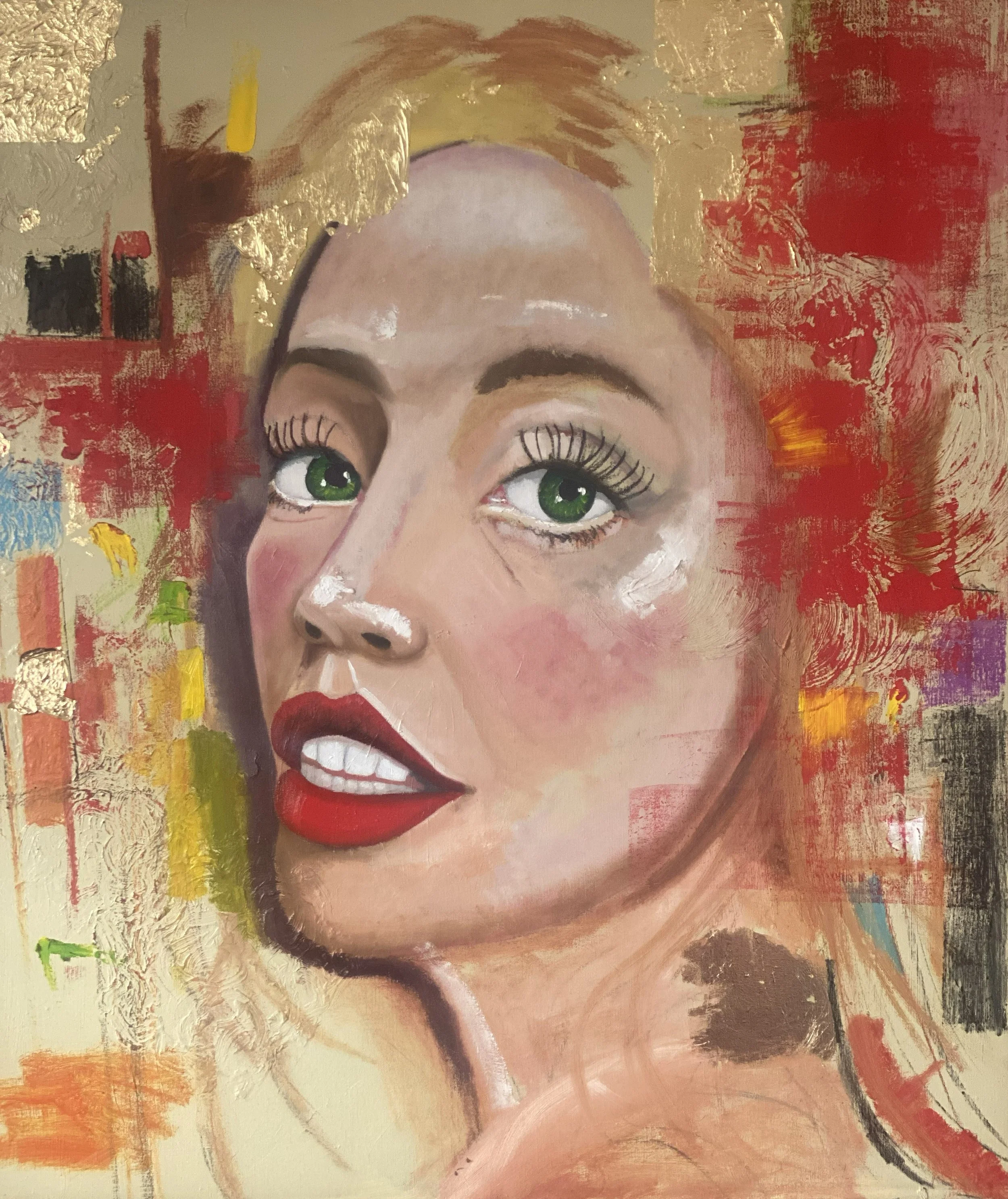 A colorful abstract portrait of a woman with green eyes, red lips, and blonde hair, painted on a textured background with various vibrant colors and brushstrokes.