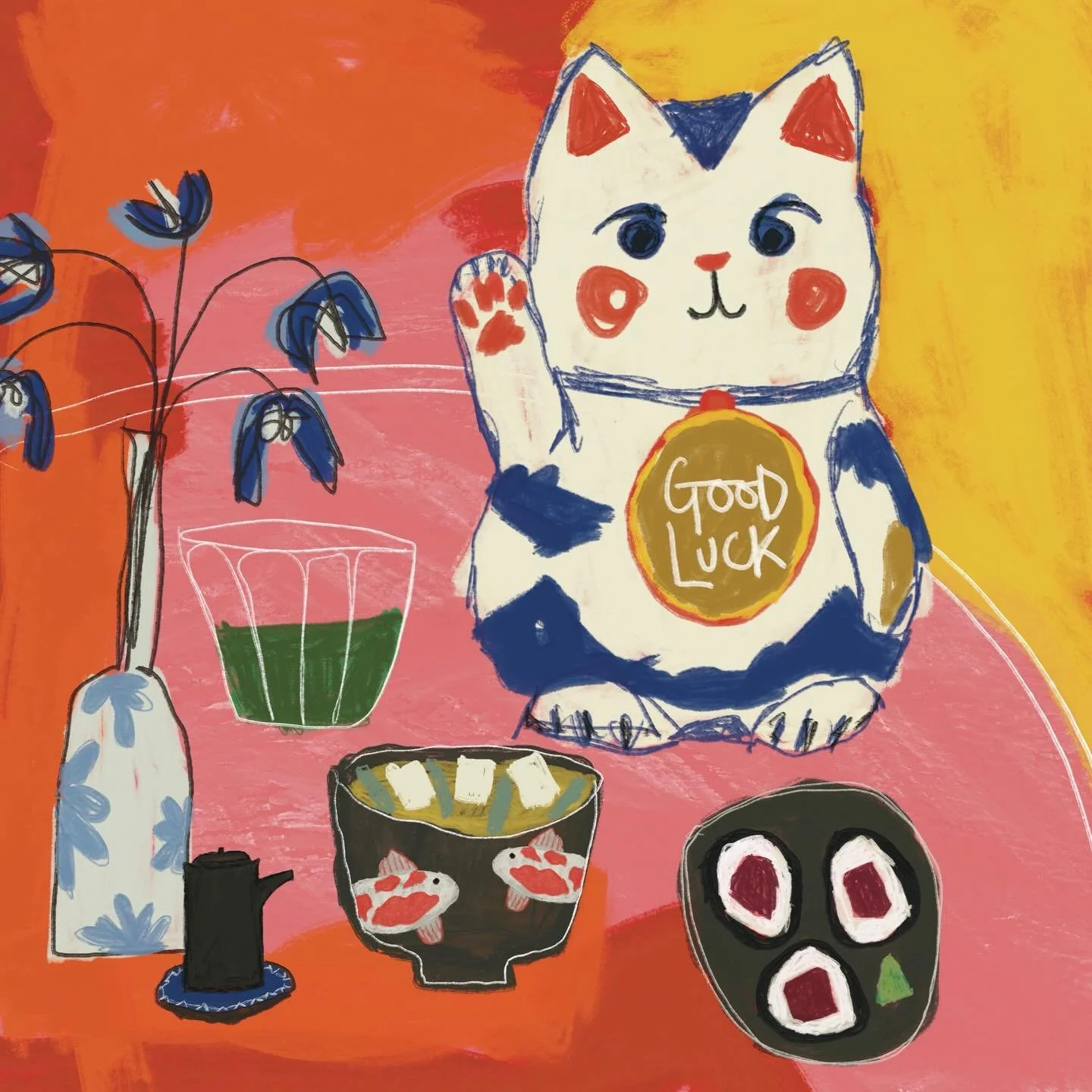 Konnichiwa peeps 🙌 - wishing you happiness and good fortune today. 
#manekineko 
#luckycat
#matcha
#miso 
#drawnbyme 
@procreate