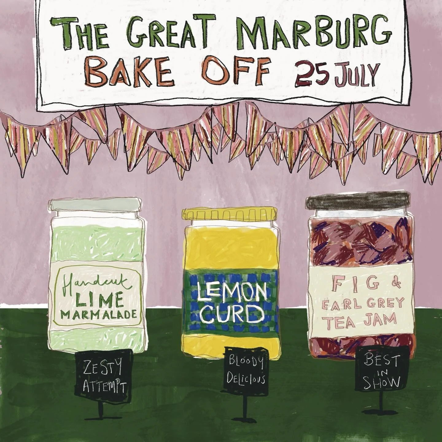 @thegreatmarburgbakeoff 
25 July 2026
@sarah_bowe 
#bestinshow 
#drawingfoodie 
#countrylife 
#cwa_countrywomensassoc
#drawnbyme 
@procreate