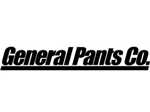 Black and white logo of General Pants Co. with bold, slanted text.