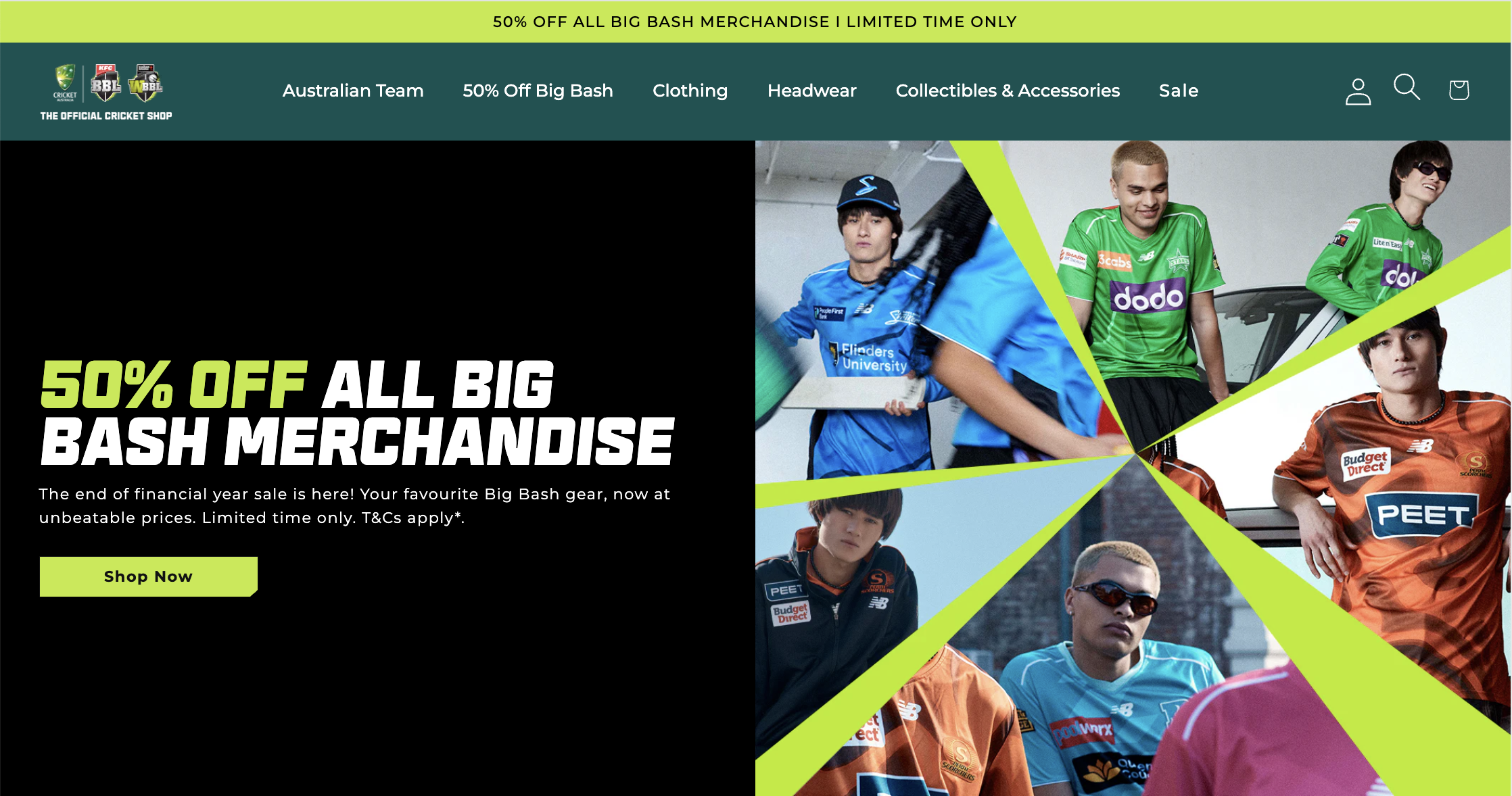 Advertisement for a 50% off sale on Big Bash merchandise featuring Australian cricket players in colorful jerseys.