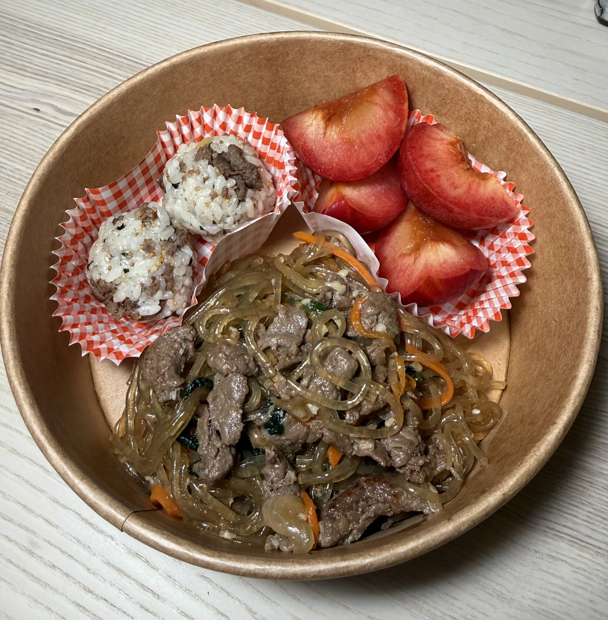 Fruit + Beef Bulgogi Japchae + K-style Onigiri